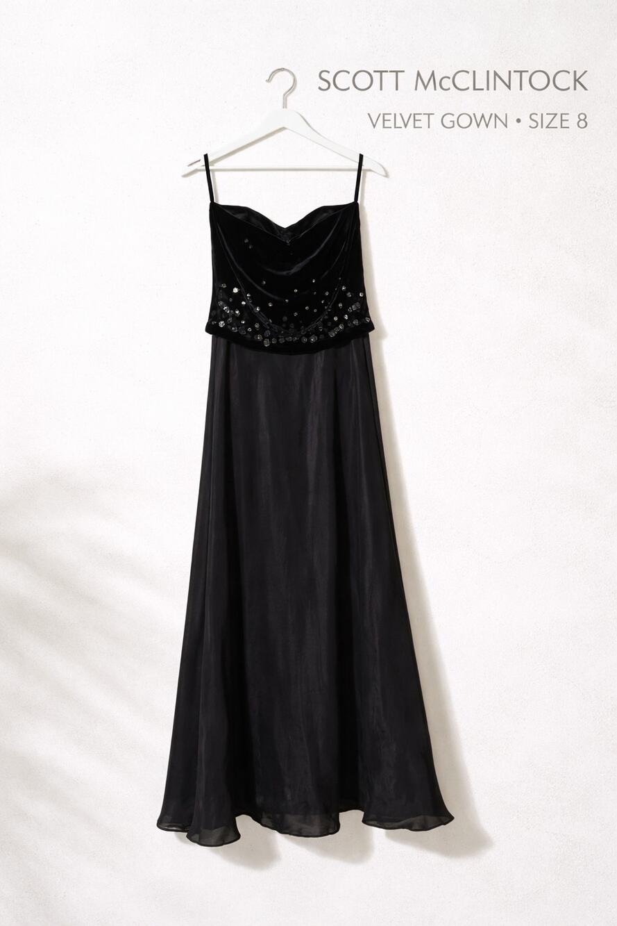 Scott McClintock Strapless Gown Velvet Sequin Bodice Satin Black Dress Size 8